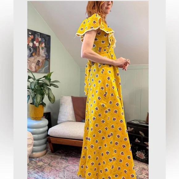 Vintage 70s Floral Yellow Maxi Dress - Picture 3 of 5
